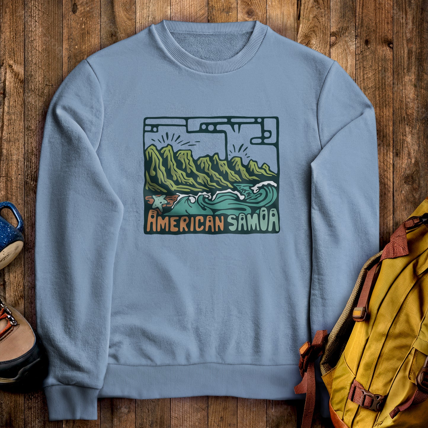 American Samoa National Park Crewneck Sweatshirt Stone Blue Adventure and Outdoors Themed Sweatshirt