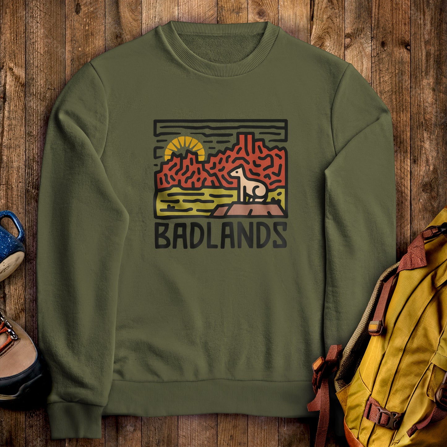 Badlands National Park Crewneck Sweatshirt Military Green Adventure and Outdoors Themed Sweatshirt