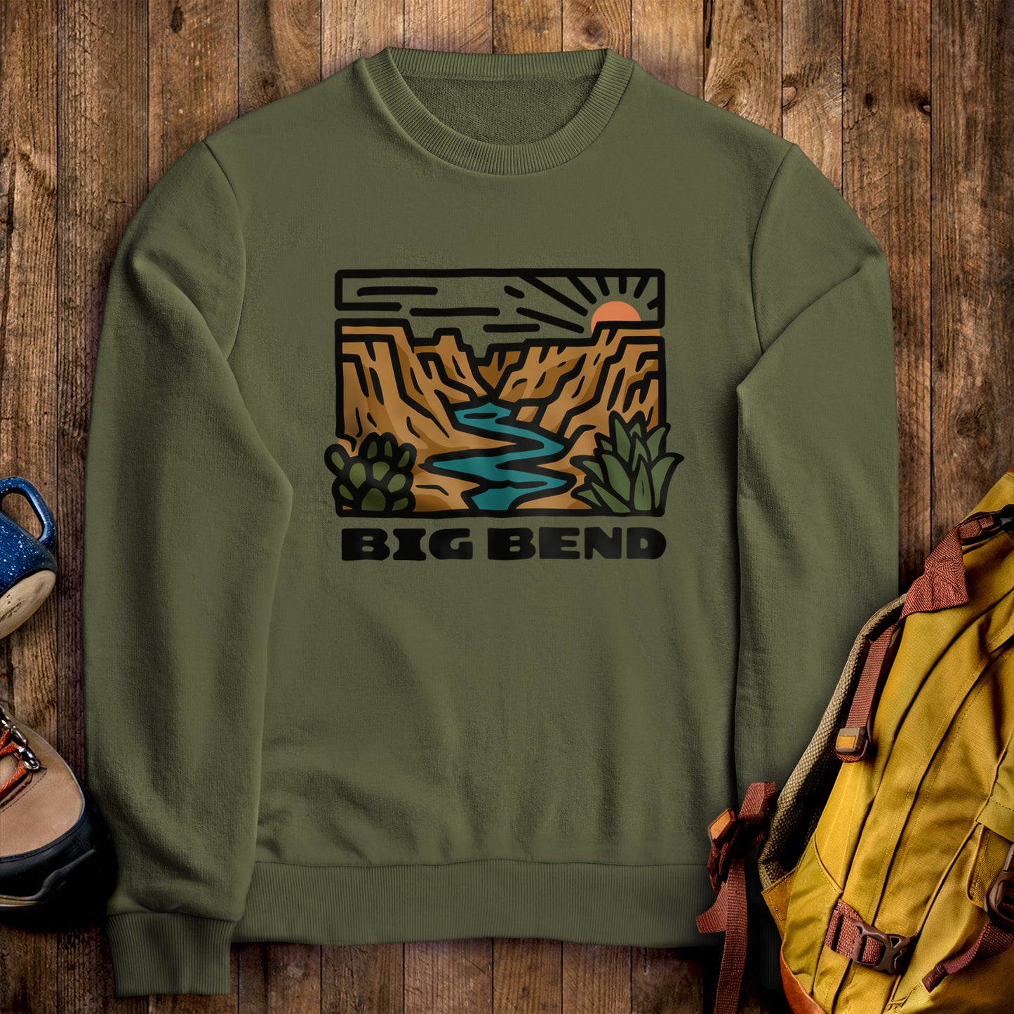Big Bend National Park Crewneck Sweatshirt Military Green Adventure and Outdoors Themed Sweatshirt