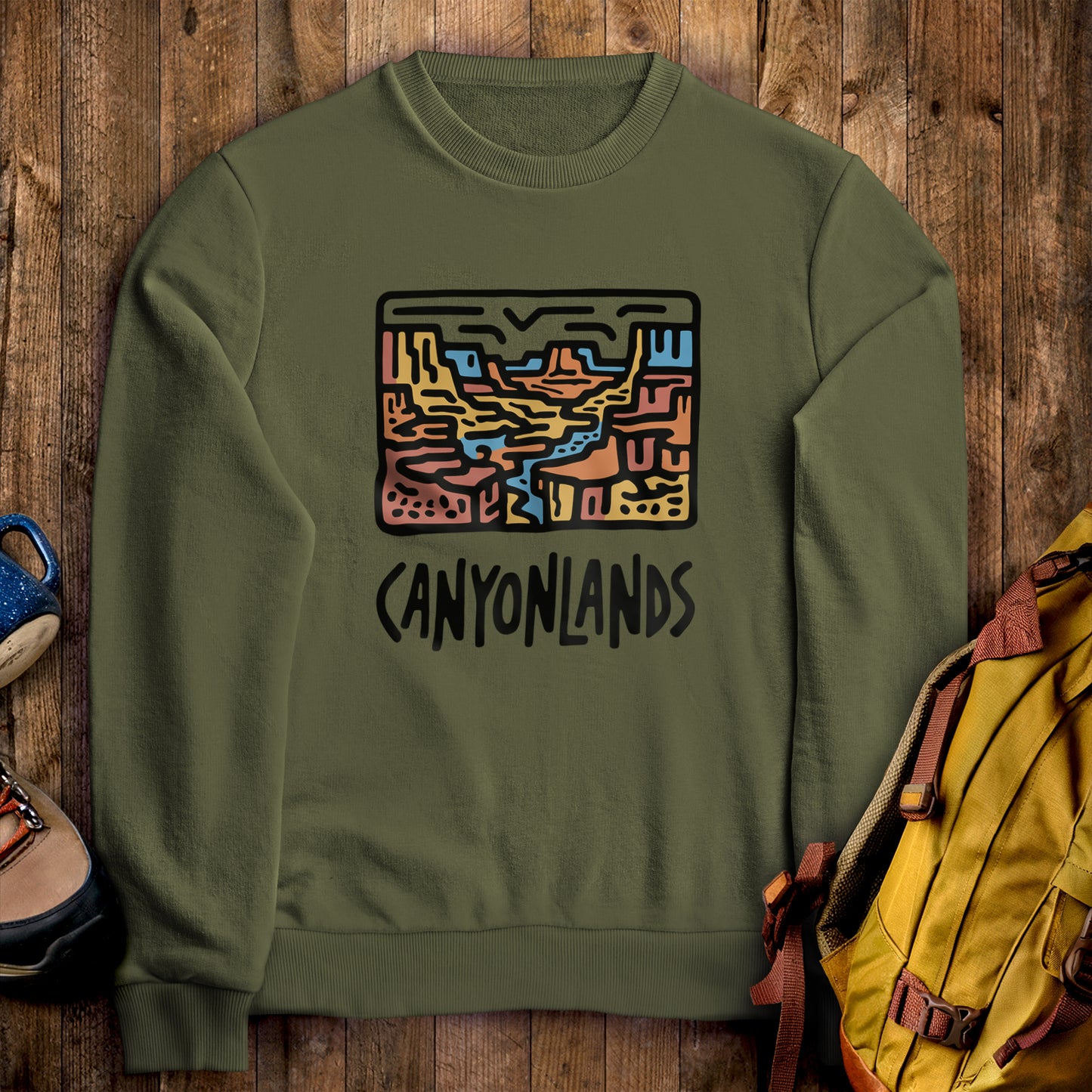 Canyonlands National Park Crewneck Sweatshirt Military Green Adventure and Outdoors Themed Sweatshirt