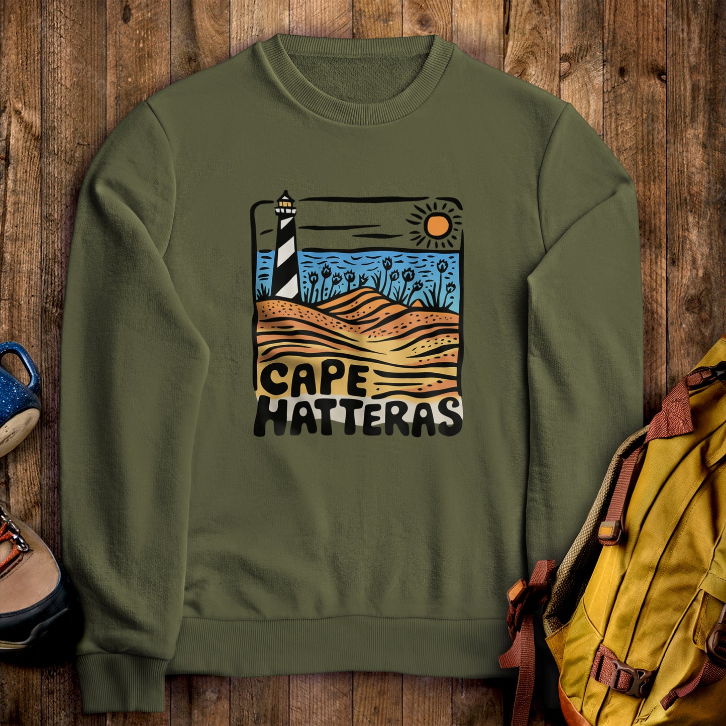 Cape Hatteras National Seashore Crewneck Sweatshirt Military Green Adventure and Outdoors Themed Sweatshirt