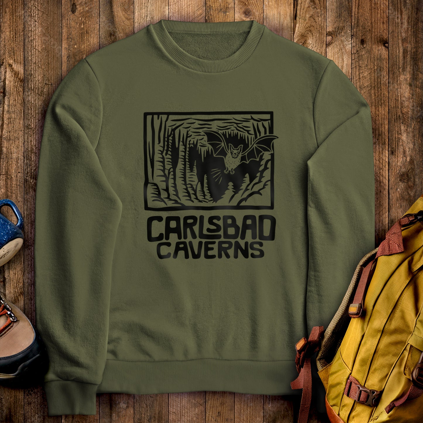 Carlsbad Caverns National Park Crewneck Sweatshirt Military Green Adventure and Outdoors Themed Sweatshirt