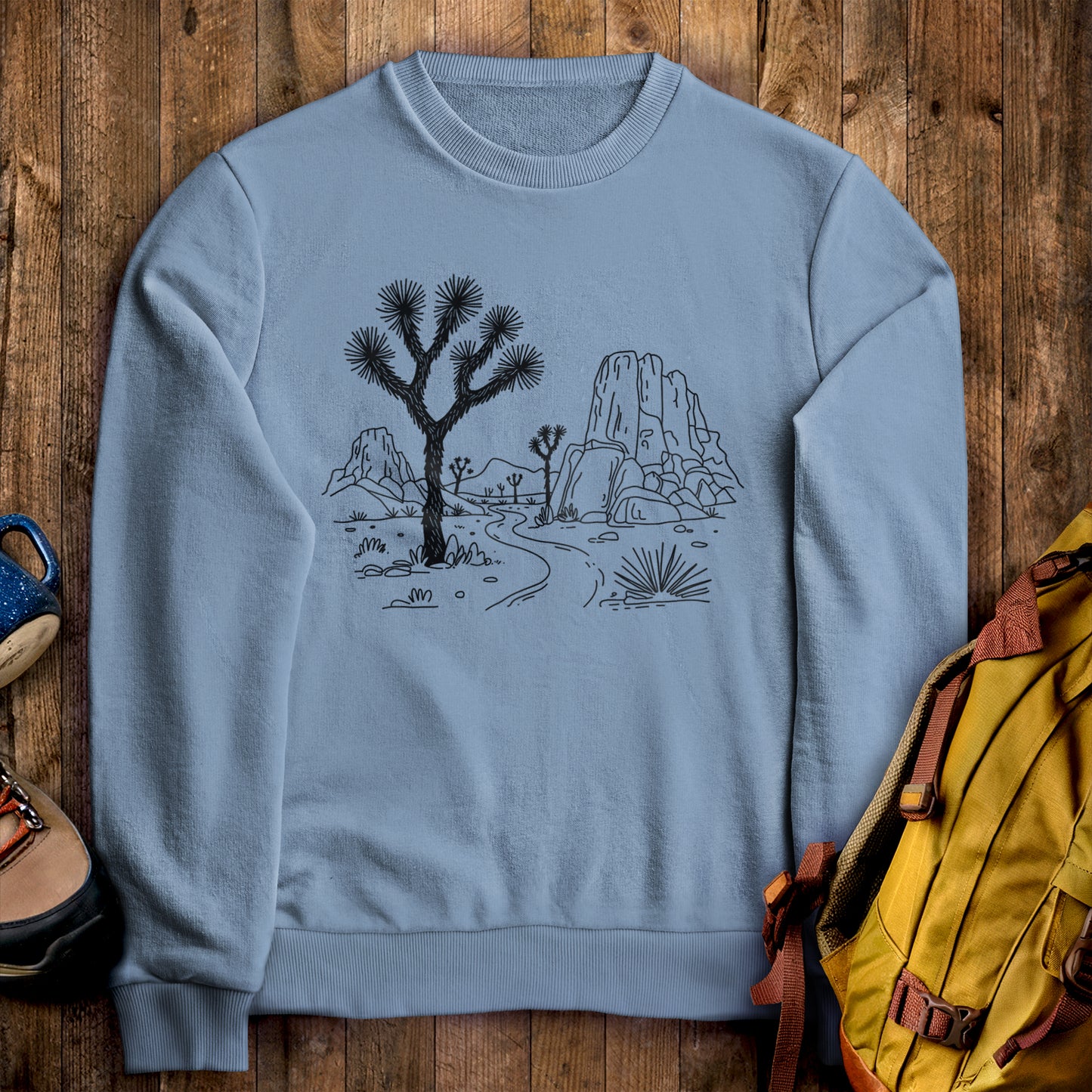 Joshua Tree Doodle Crewneck Sweatshirt Stone Blue Adventure and Outdoors Themed Sweatshirt