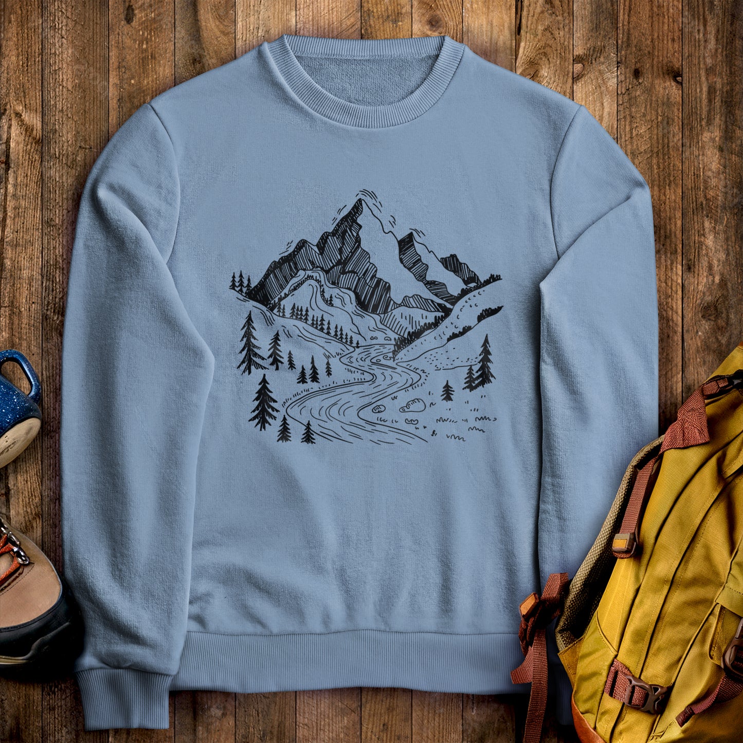 North Cascades Doodle Crewneck Sweatshirt Stone Blue Adventure and Outdoors Themed Sweatshirt