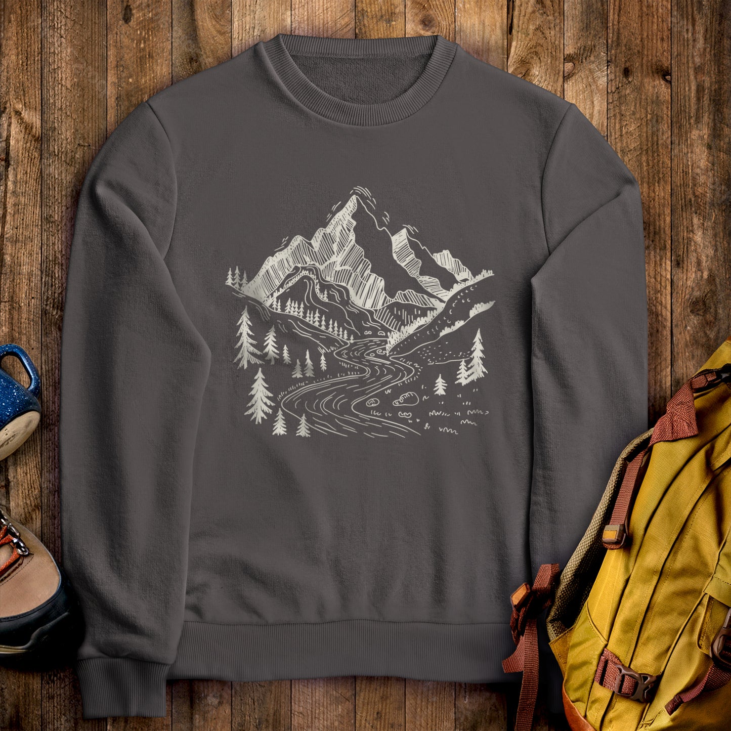 North Cascades Doodle Crewneck Sweatshirt Charcoal Adventure and Outdoors Themed Sweatshirt