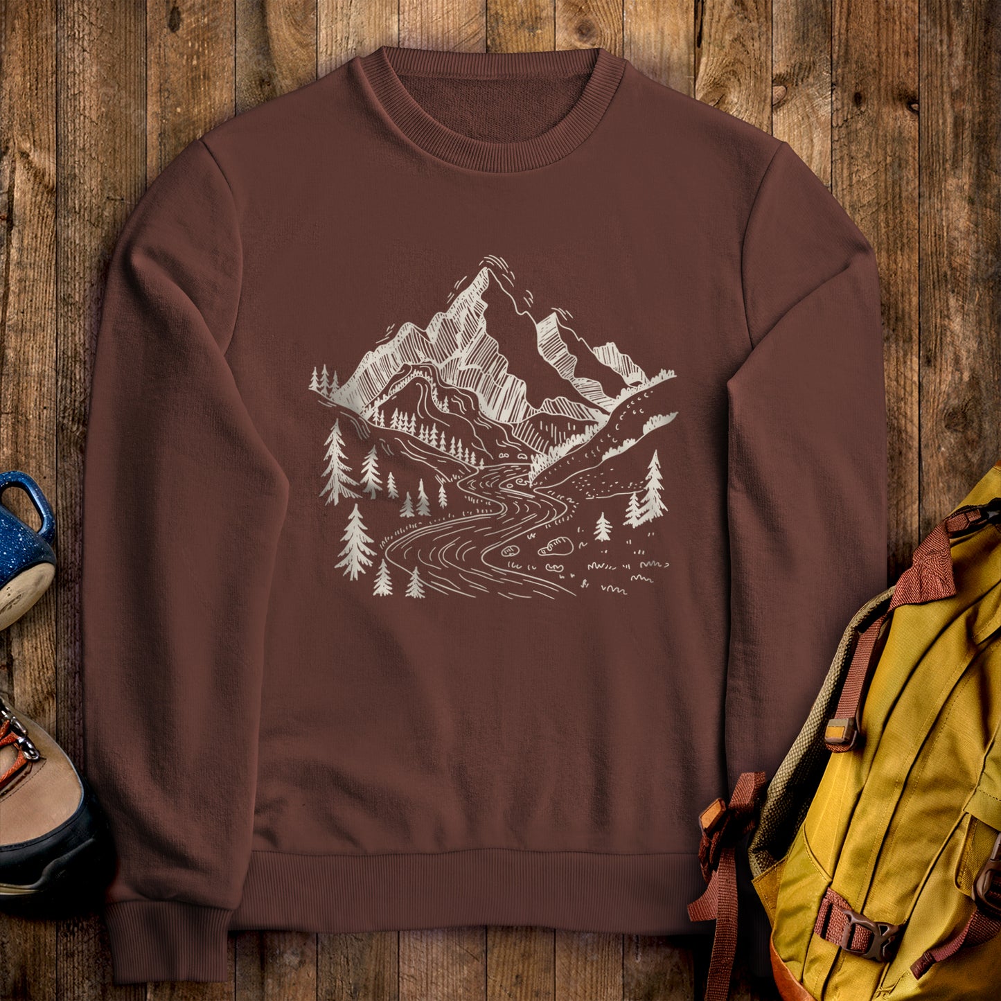 North Cascades Doodle Crewneck Sweatshirt Cocoa Adventure and Outdoors Themed Sweatshirt