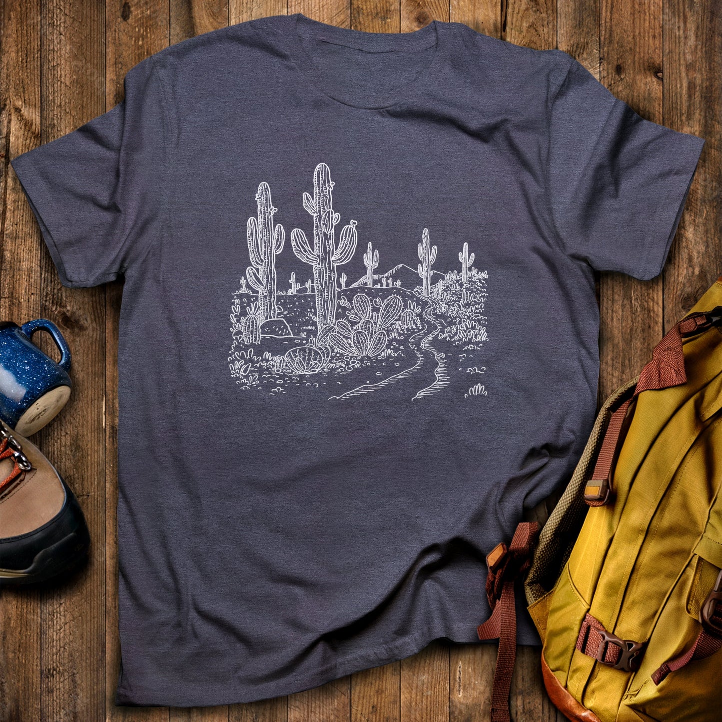 Saguaro Doodle T-Shirt Heather Navy Adventure and Outdoors Themed T-Shirt