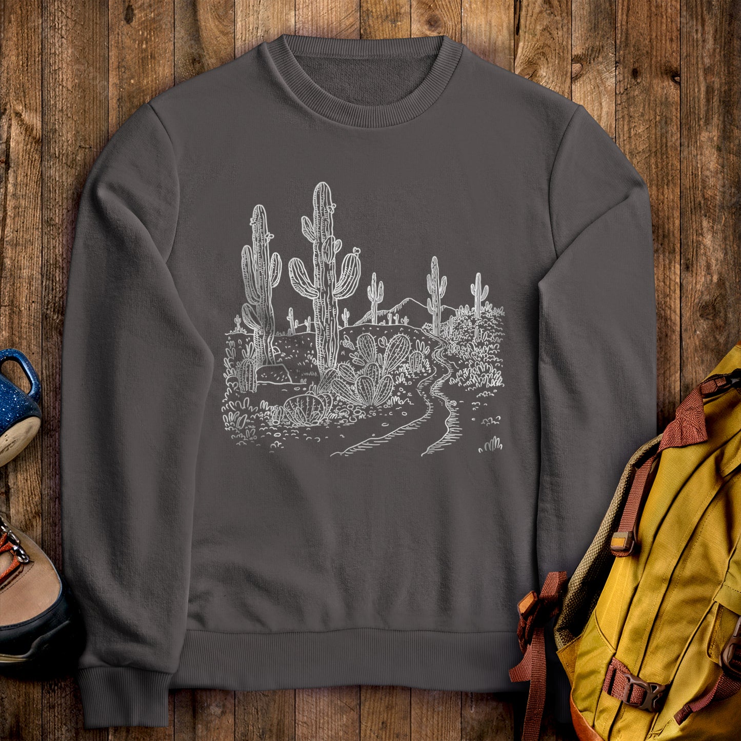 Saguaro Doodle Crewneck Sweatshirt Charcoal Adventure and Outdoors Themed Sweatshirt