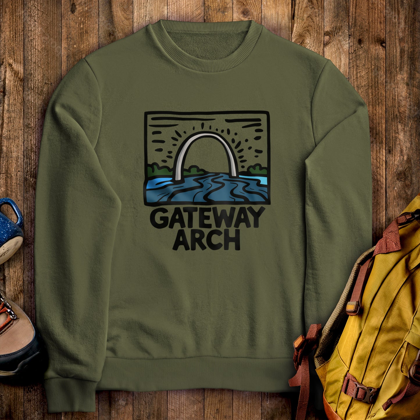 Gateway Arch National Park Crewneck Sweatshirt Military Green Adventure and Outdoors Themed Sweatshirt