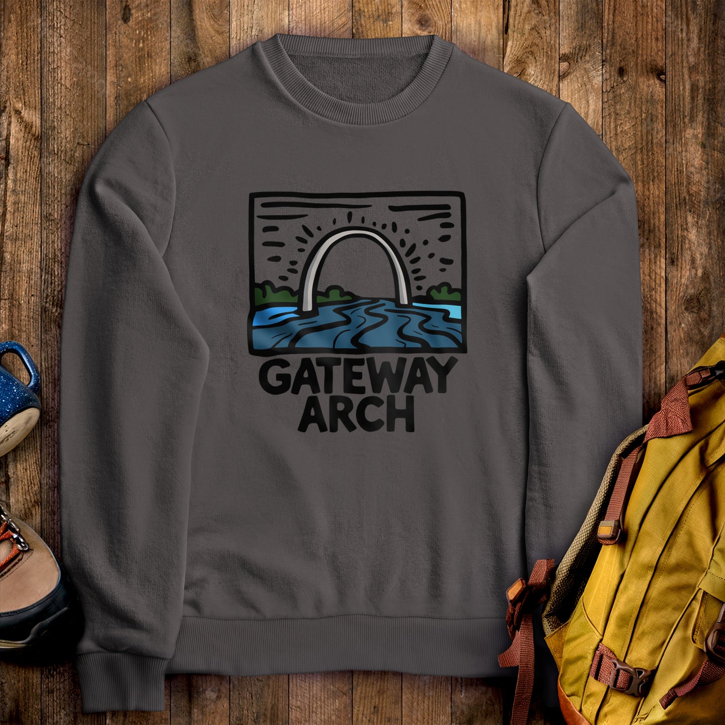 Gateway Arch National Park Crewneck Sweatshirt Charcoal Adventure and Outdoors Themed Sweatshirt
