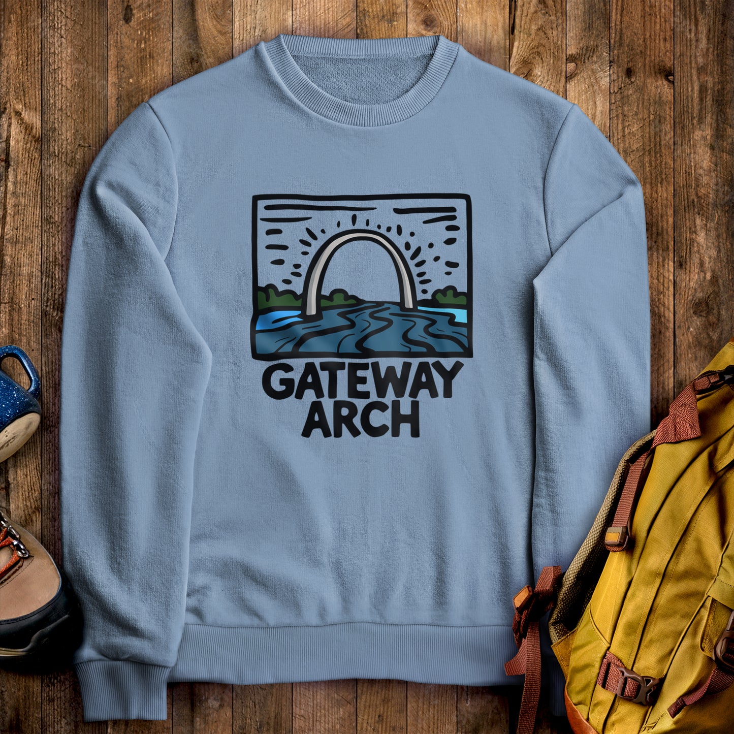Gateway Arch National Park Crewneck Sweatshirt Stone Blue Adventure and Outdoors Themed Sweatshirt