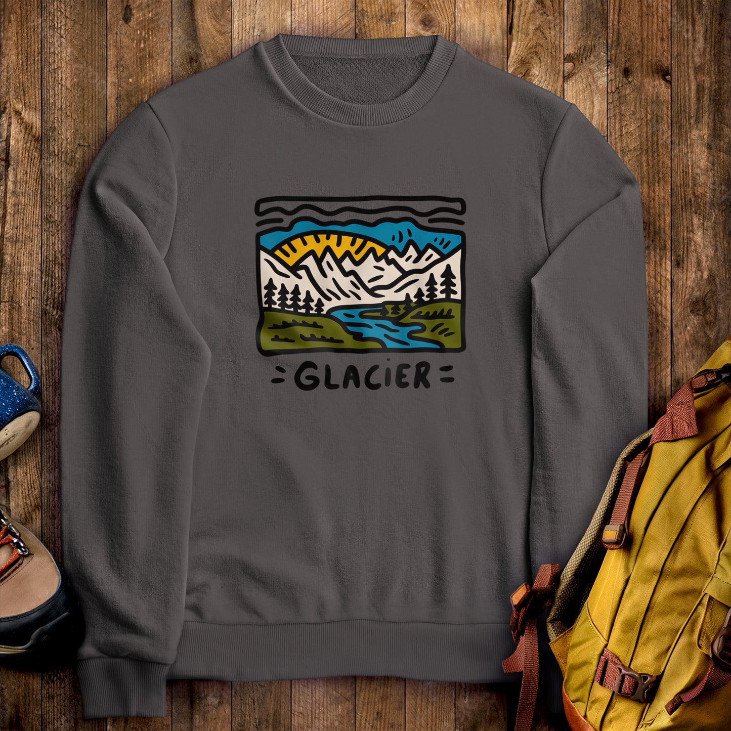 Glacier National Park Crewneck Sweatshirt Charcoal Adventure and Outdoors Themed Sweatshirt