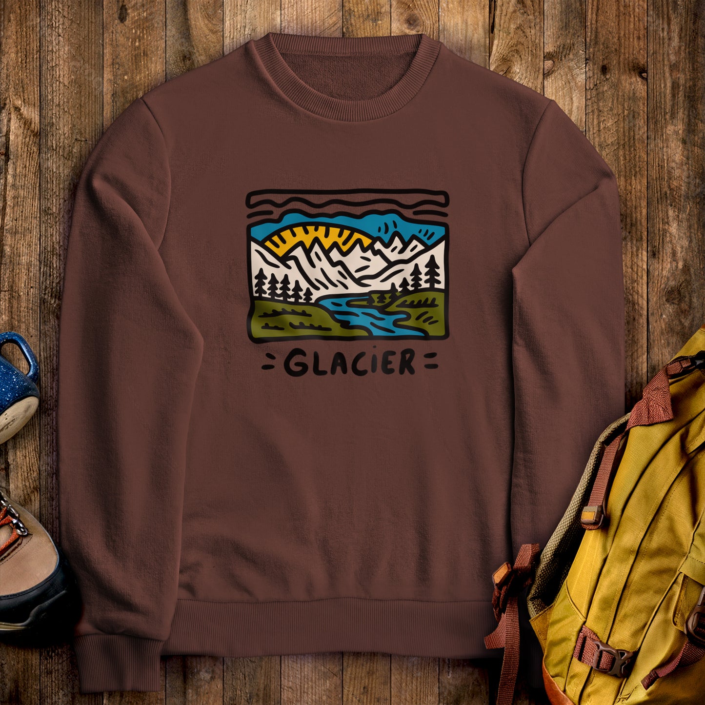 Glacier National Park Crewneck Sweatshirt Cocoa Adventure and Outdoors Themed Sweatshirt