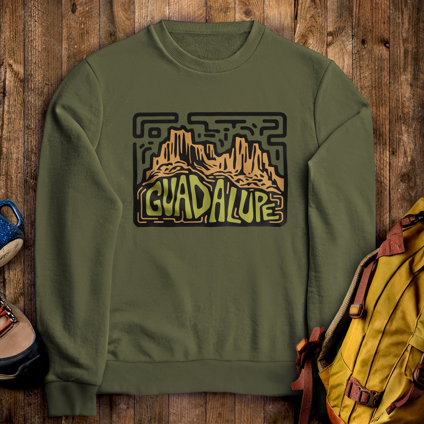 Guadalupe National Park Crewneck Sweatshirt Military Green Adventure and Outdoors Themed Sweatshirt