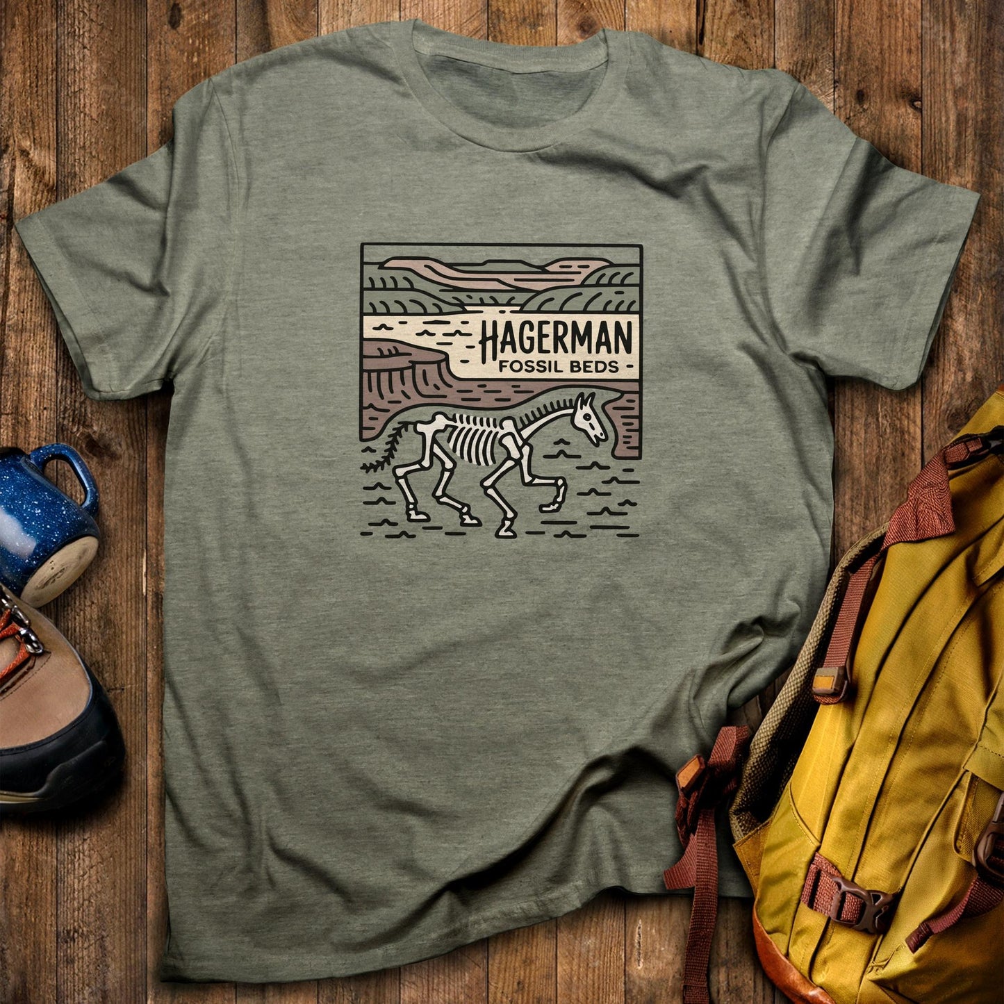 Hagerman Fossil Beds National Monument T-Shirt Heather Military Green Adventure and Outdoors Themed T-Shirt