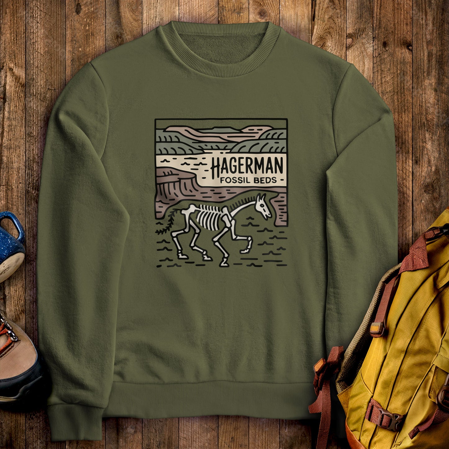 Hagerman Fossil Beds National Monument Crewneck Sweatshirt Military Green Adventure and Outdoors Themed Sweatshirt
