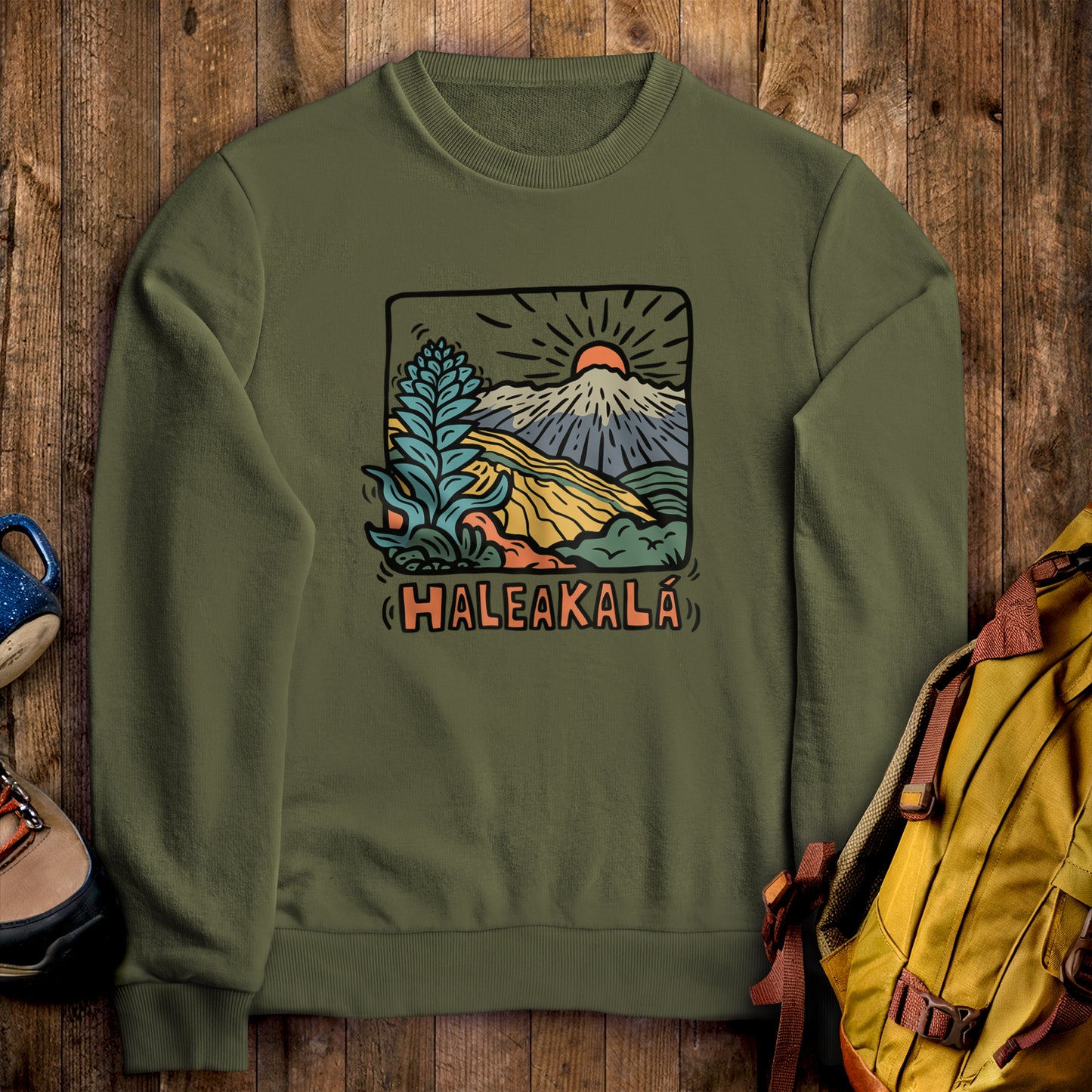 Haleakala National Park Crewneck Sweatshirt Military Green Adventure and Outdoors Themed Sweatshirt