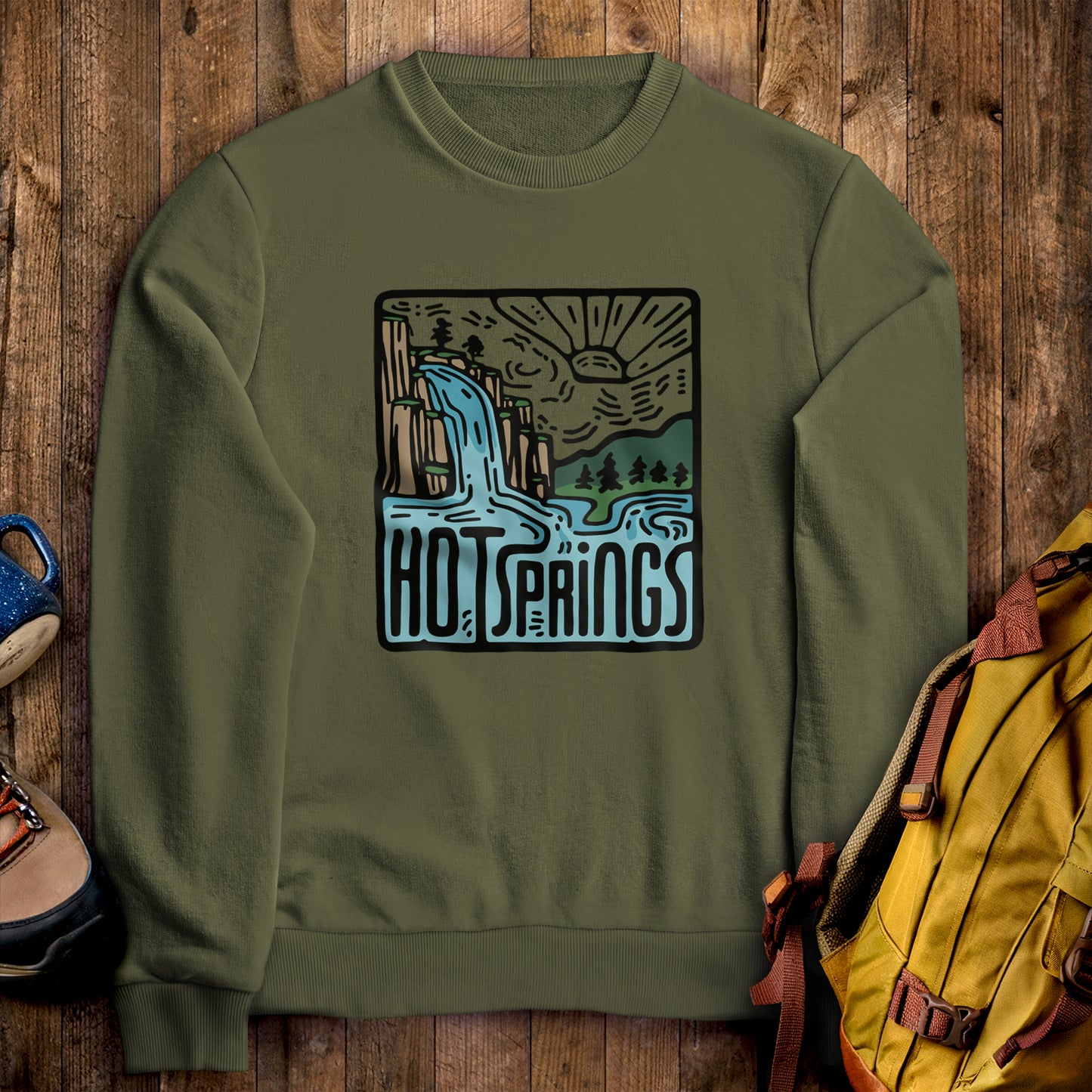 Hot Springs National Park Crewneck Sweatshirt Military Green Adventure and Outdoors Themed Sweatshirt