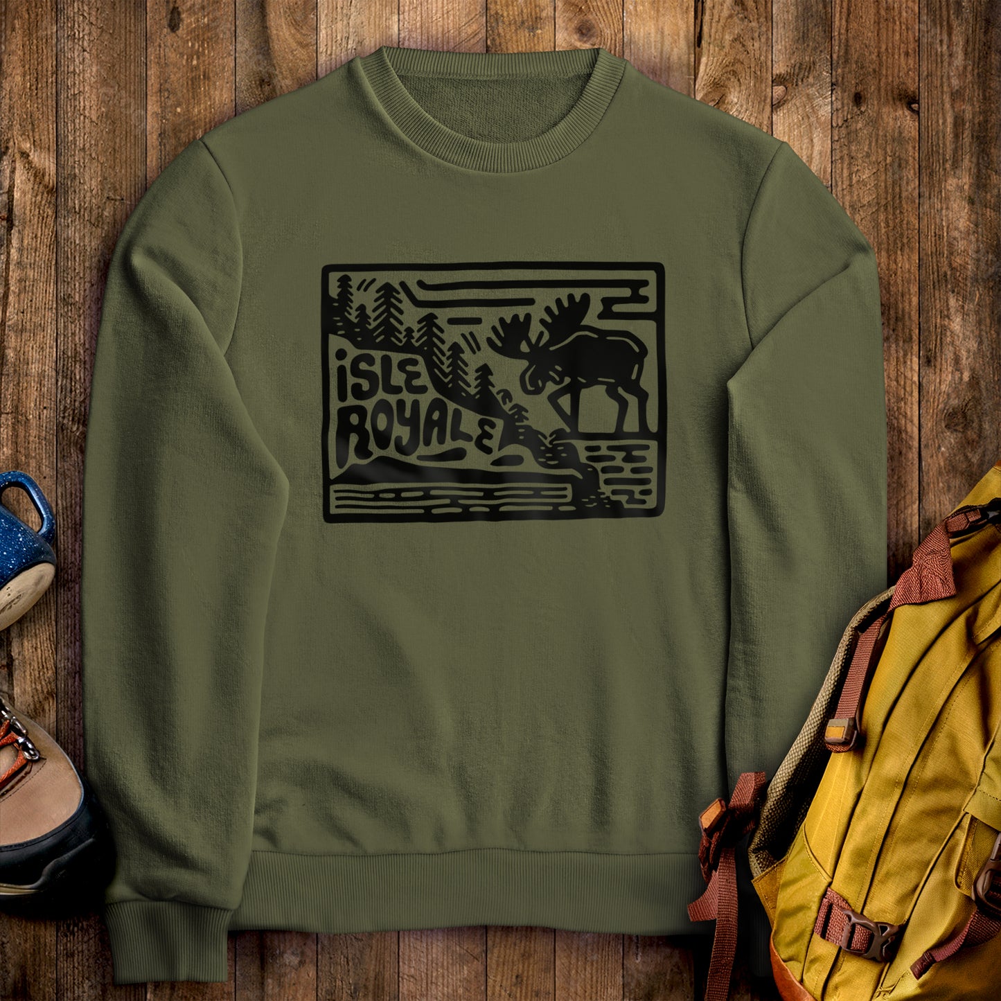 Isle Royale National Park Crewneck Sweatshirt Military Green Adventure and Outdoors Themed Sweatshirt
