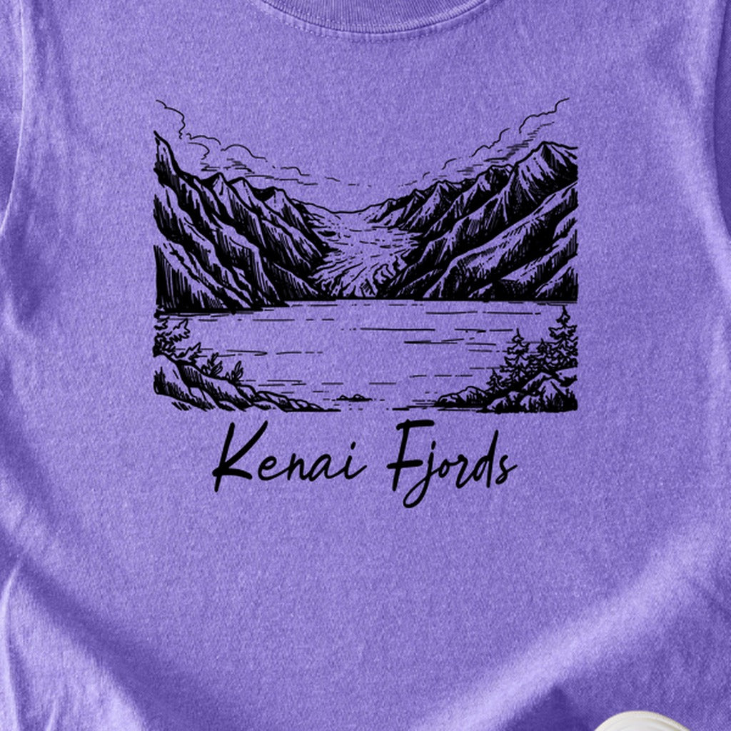 Kenai Fjords Line Drawing Kids Cotton T-Shirt