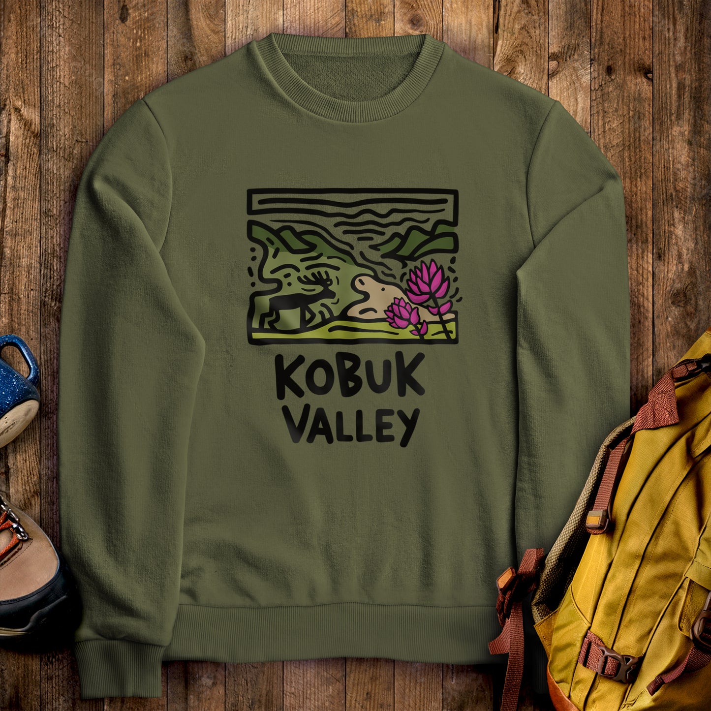 Kobuk Valley National Park Crewneck Sweatshirt Military Green Adventure and Outdoors Themed Sweatshirt