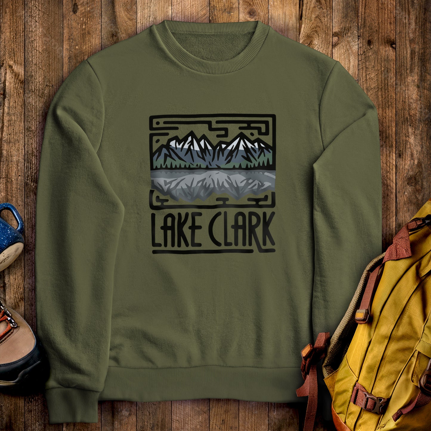 Lake Clark National Park Crewneck Sweatshirt Military Green Adventure and Outdoors Themed Sweatshirt