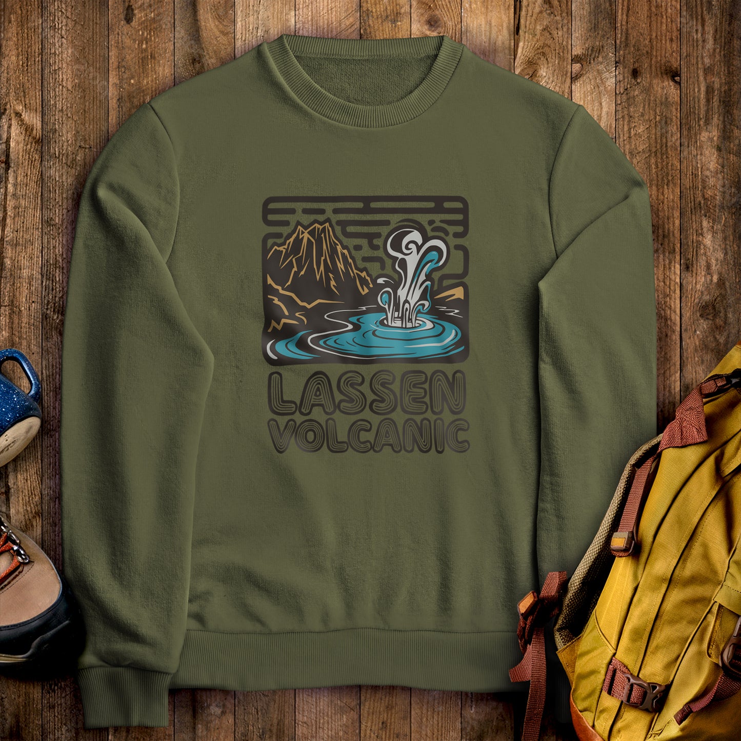 Lassen Volcanic National Park Crewneck Sweatshirt Military Green Adventure and Outdoors Themed Sweatshirt
