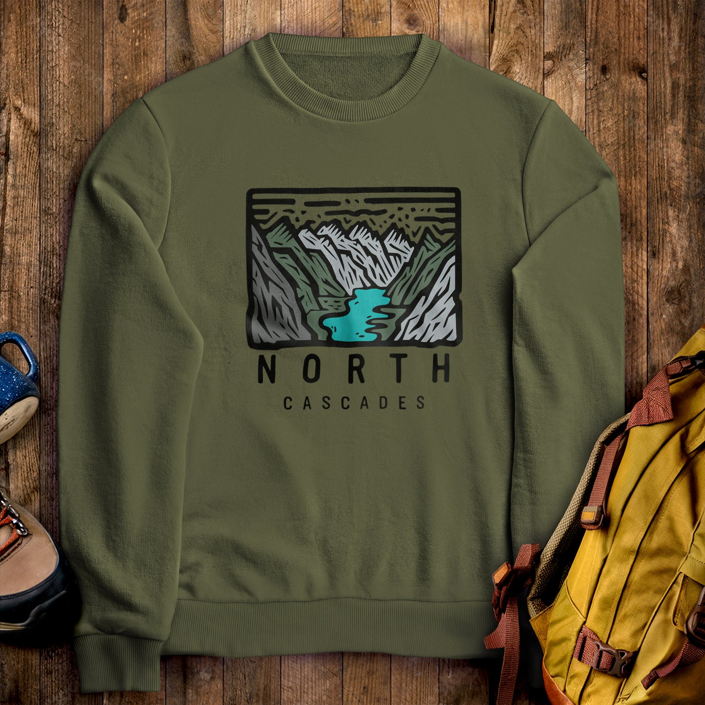 North Cascades National Park Crewneck Sweatshirt Military Green Adventure and Outdoors Themed Sweatshirt