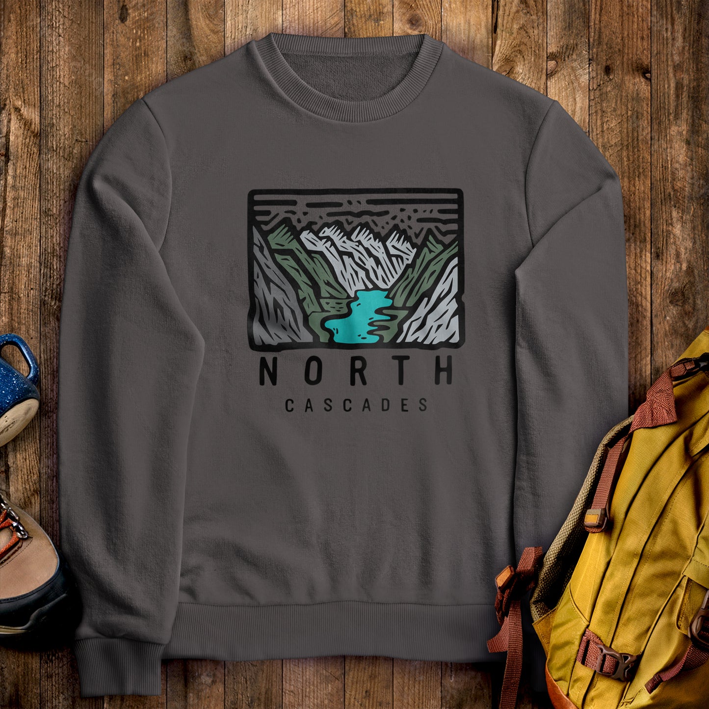 North Cascades National Park Crewneck Sweatshirt Charcoal Adventure and Outdoors Themed Sweatshirt