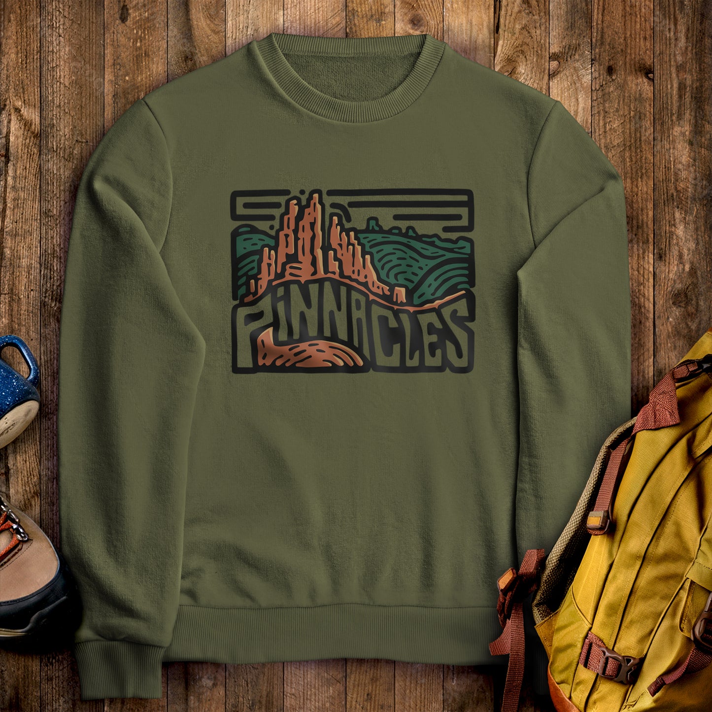 Pinnacles National Park Crewneck Sweatshirt Military Green Adventure and Outdoors Themed Sweatshirt
