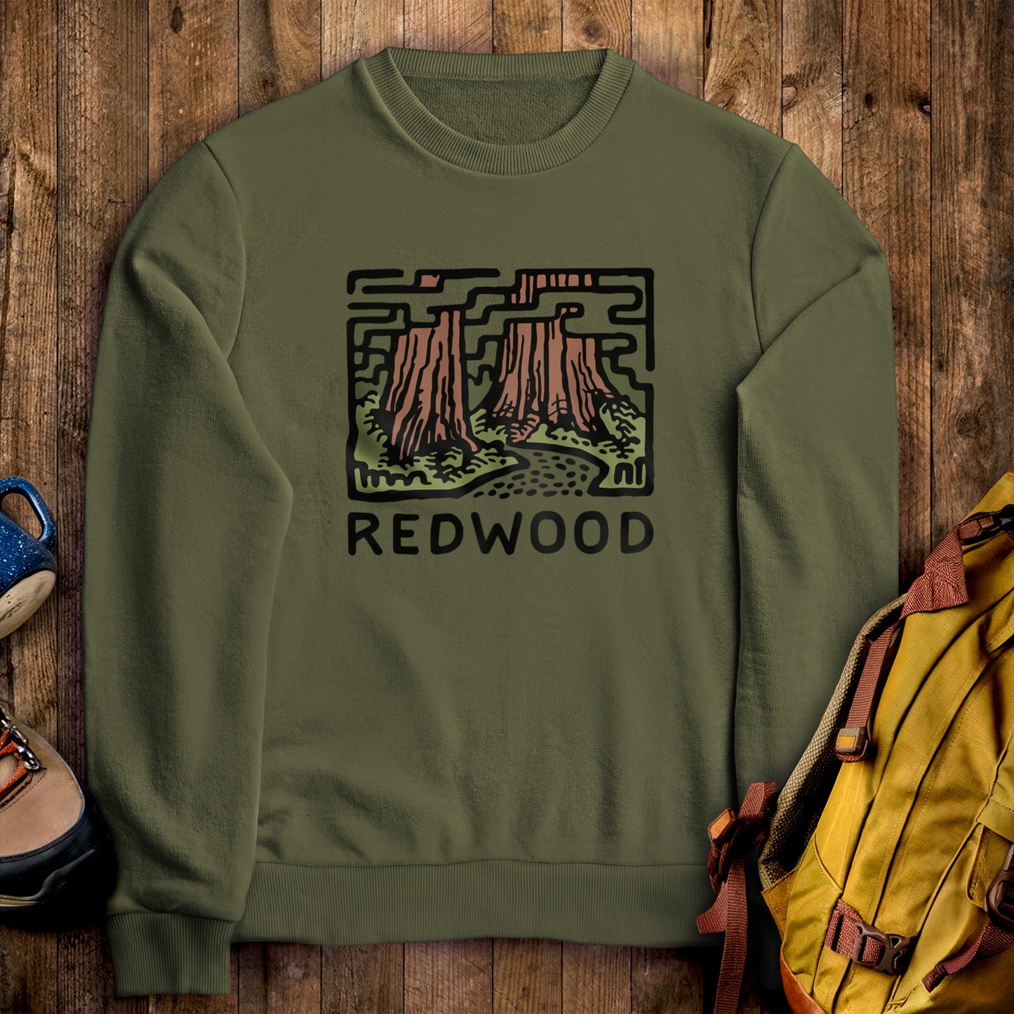 Redwood National Park Crewneck Sweatshirt Military Green Adventure and Outdoors Themed Sweatshirt