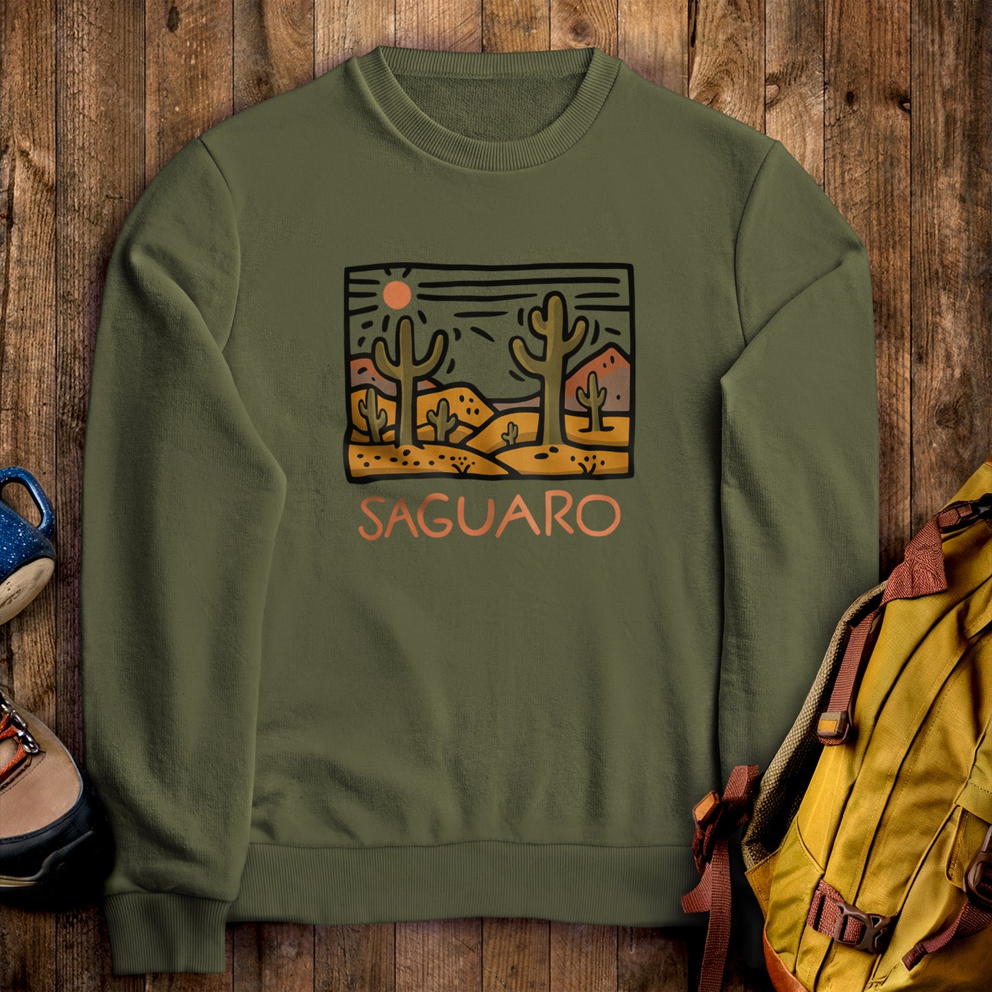 Saguaro National Park Crewneck Sweatshirt Military Green Adventure and Outdoors Themed Sweatshirt