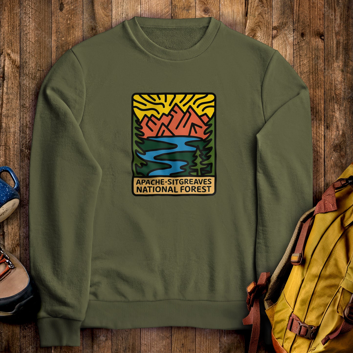 Apache-Sitgreaves National Forest Crewneck Sweatshirt Military Green Adventure and Outdoors Themed Sweatshirt