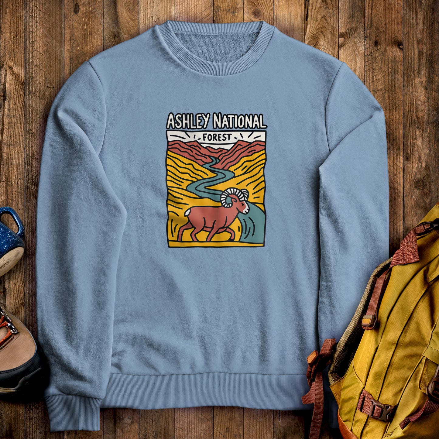 Ashley National Forest Crewneck Sweatshirt Stone Blue Adventure and Outdoors Themed Sweatshirt