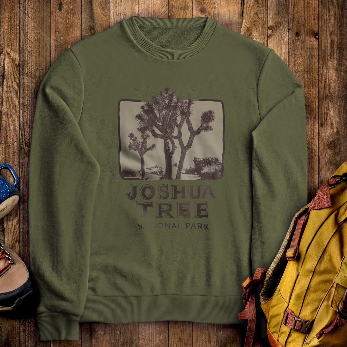 Joshua Tree National Park Vintage Crewneck Sweatshirt Military Green Adventure and Outdoors Themed Sweatshirt