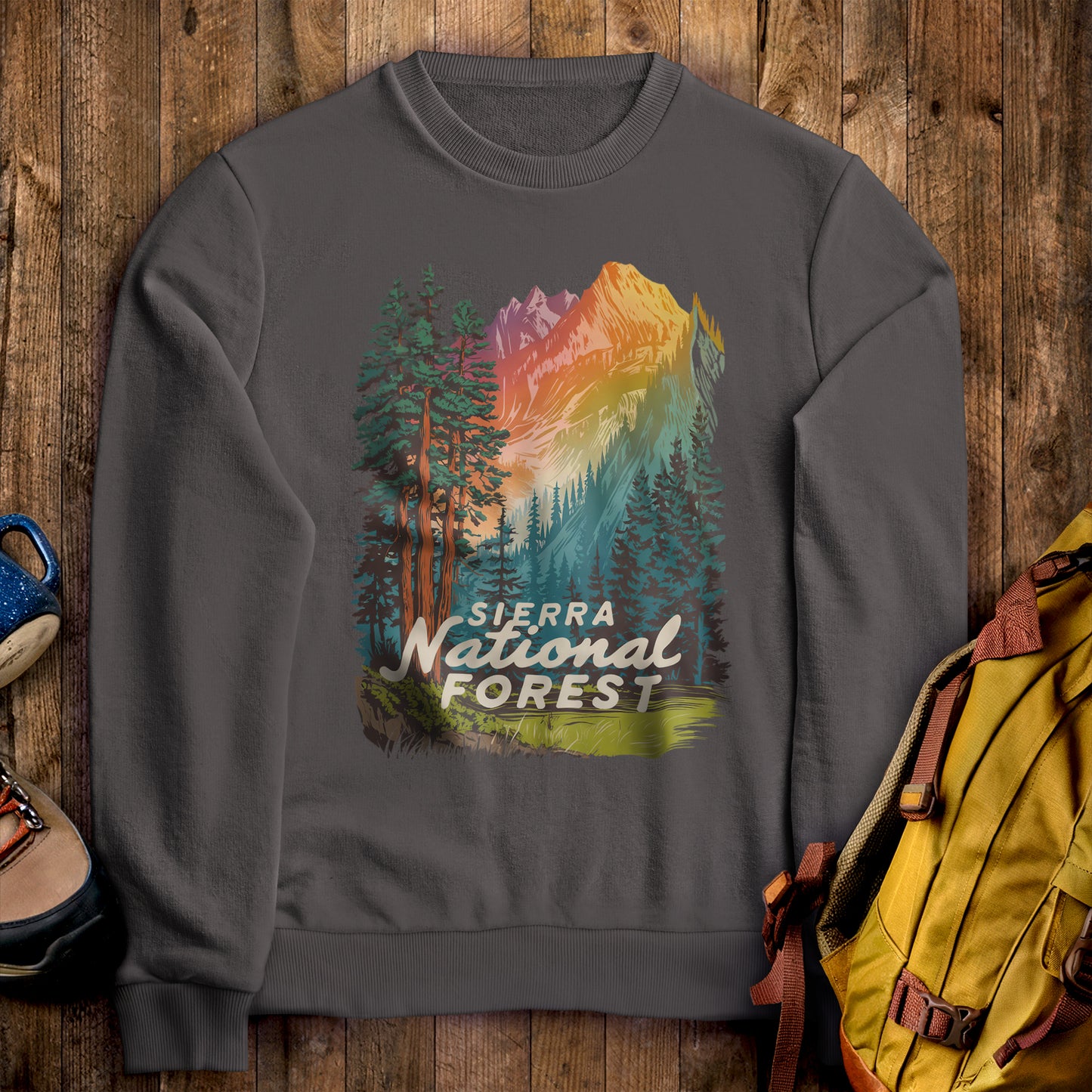 Sierra National Forest Crewneck Sweatshirt Charcoal Adventure and Outdoors Themed Sweatshirt