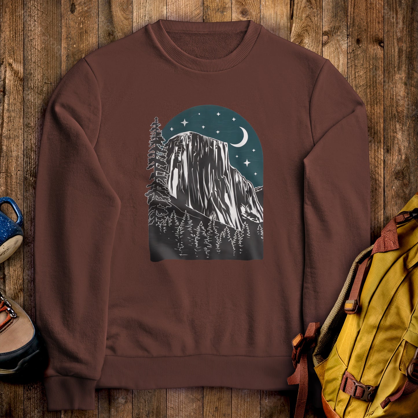 Yosemite at Night Crewneck Sweatshirt Cocoa Adventure and Outdoors Themed Sweatshirt