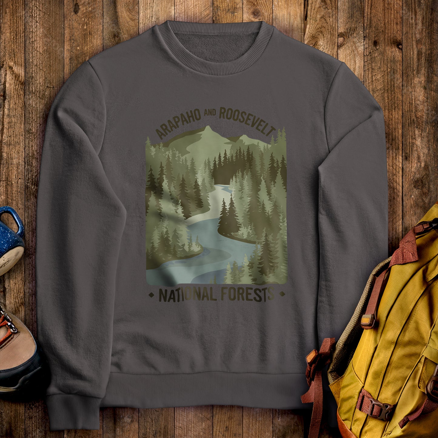 Arapaho and Roosevelt National Forests Crewneck Sweatshirt Charcoal Adventure and Outdoors Themed Sweatshirt