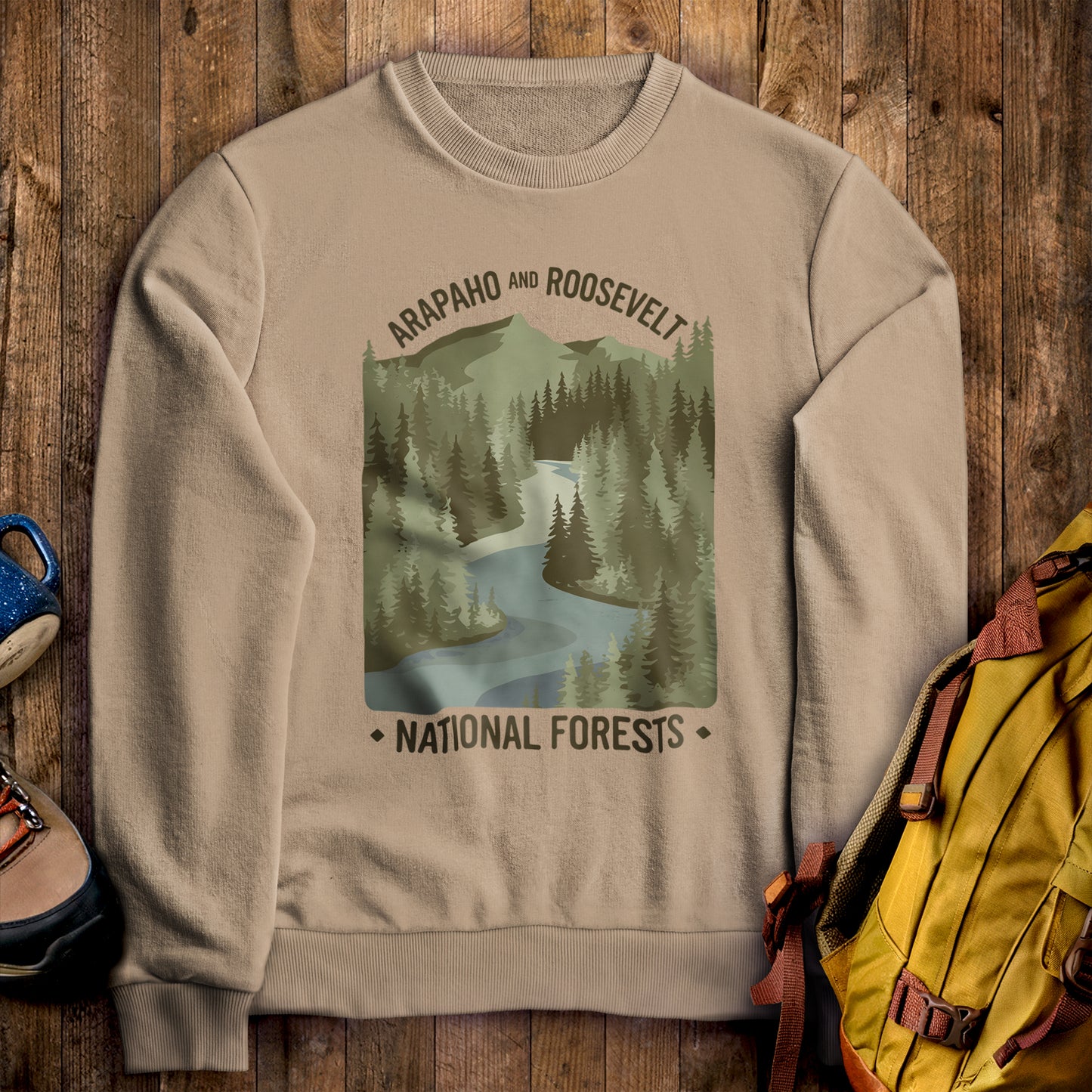 Arapaho and Roosevelt National Forests Crewneck Sweatshirt Sand Adventure and Outdoors Themed Sweatshirt