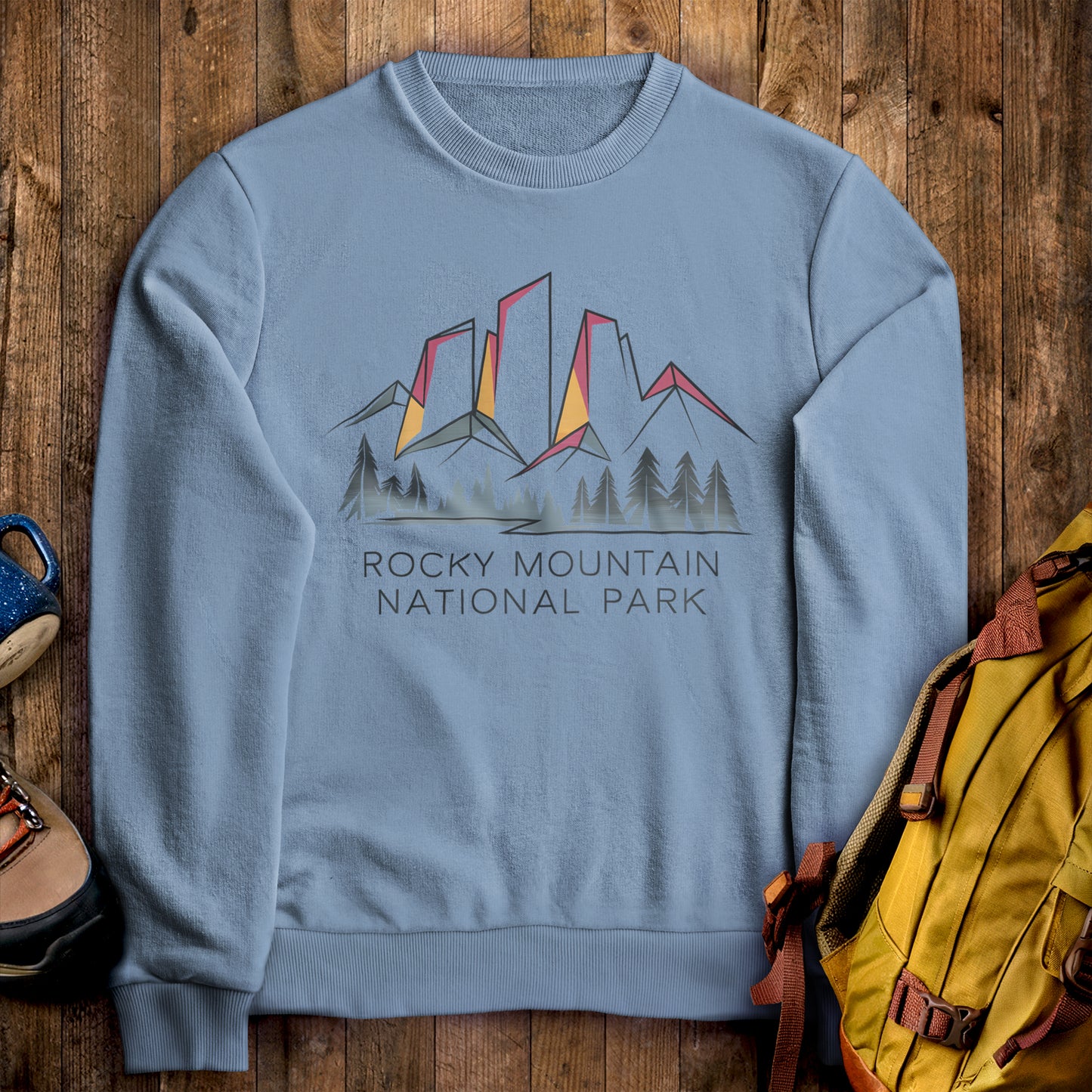Rocky Mountain National Park Crewneck Sweatshirt Stone Blue Adventure and Outdoors Themed Sweatshirt