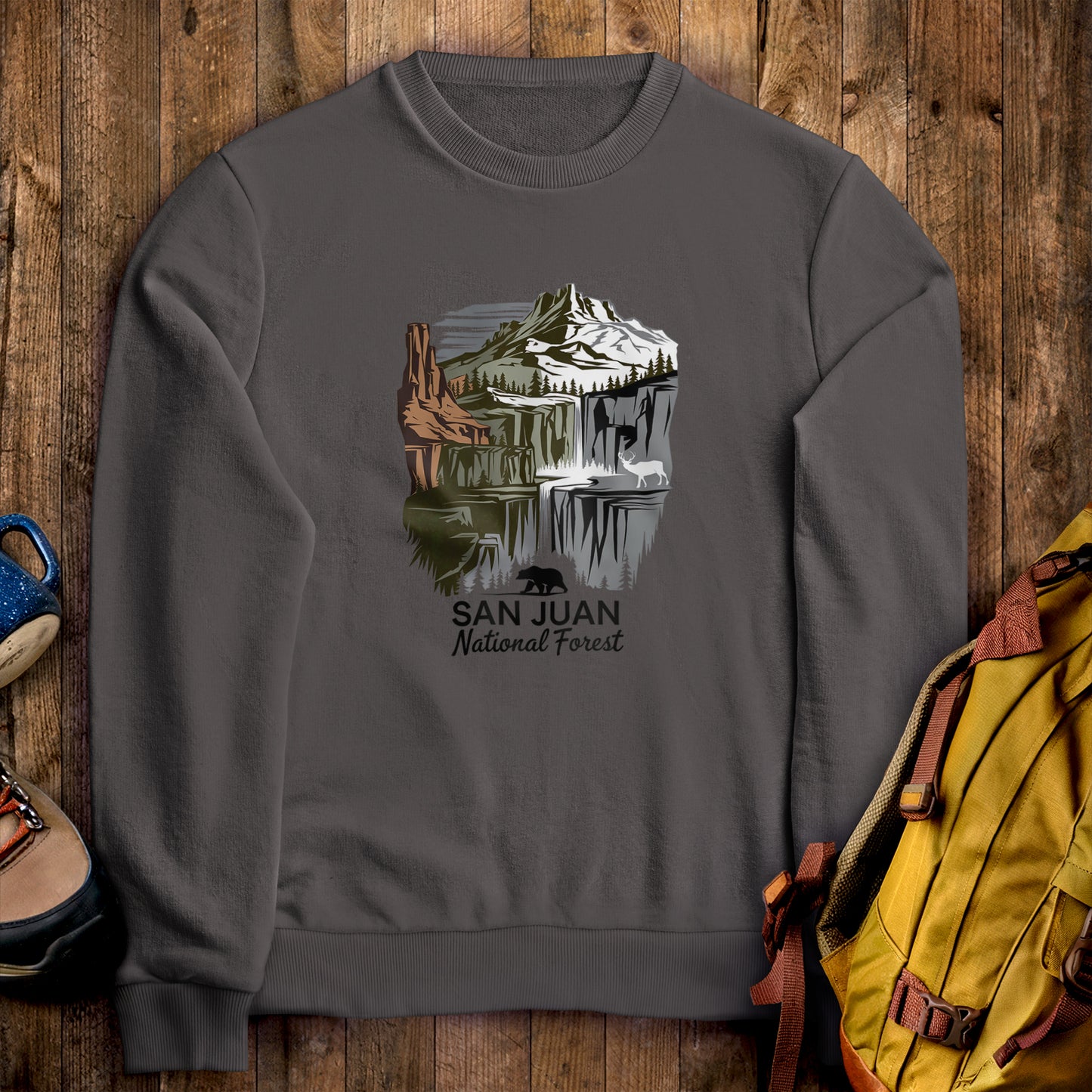 San Juan National Forest Crewneck Sweatshirt Charcoal Adventure and Outdoors Themed Sweatshirt
