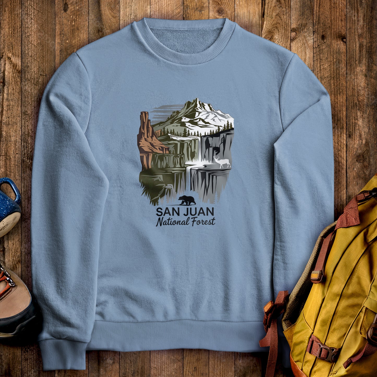 San Juan National Forest Crewneck Sweatshirt Stone Blue Adventure and Outdoors Themed Sweatshirt