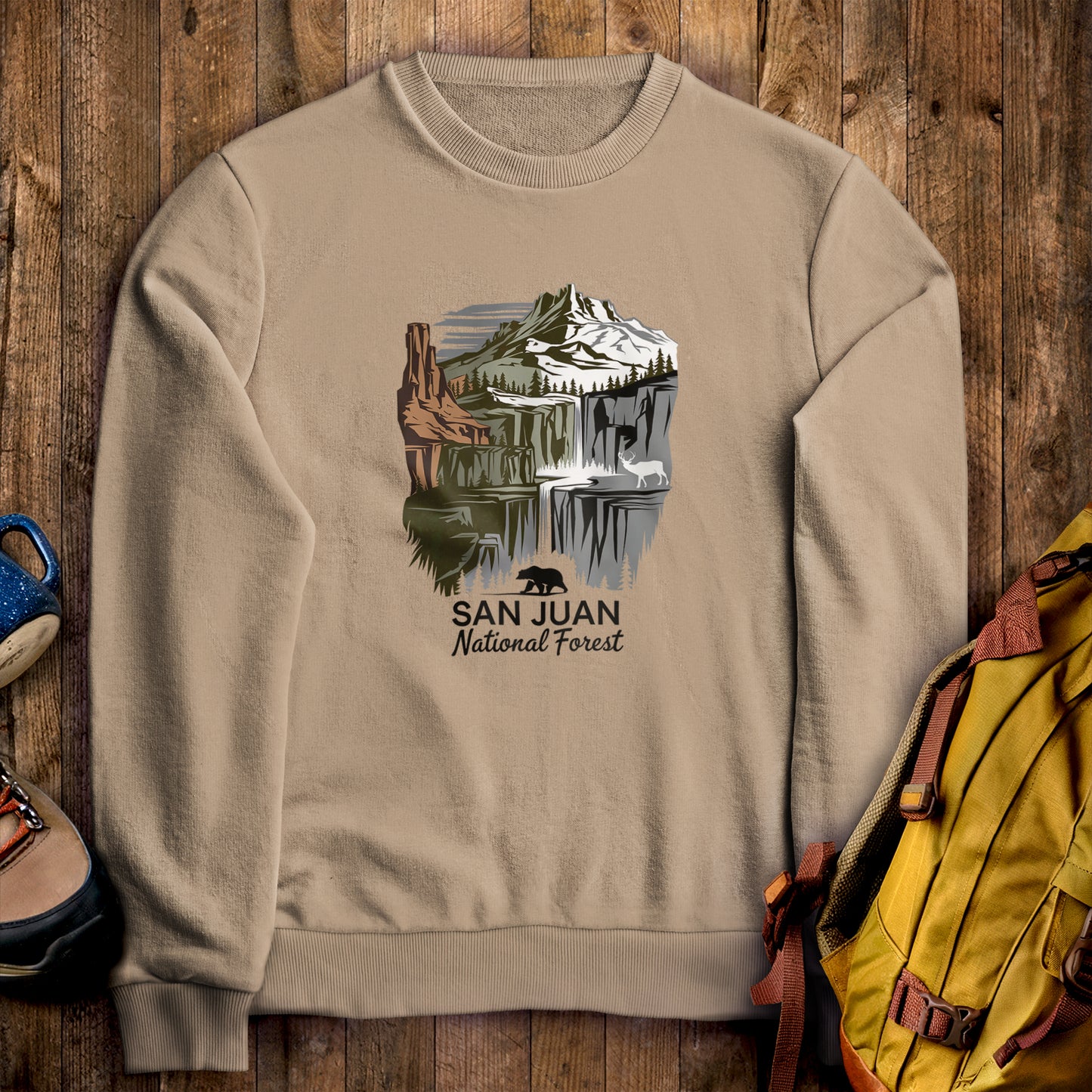 San Juan National Forest Crewneck Sweatshirt Sand Adventure and Outdoors Themed Sweatshirt