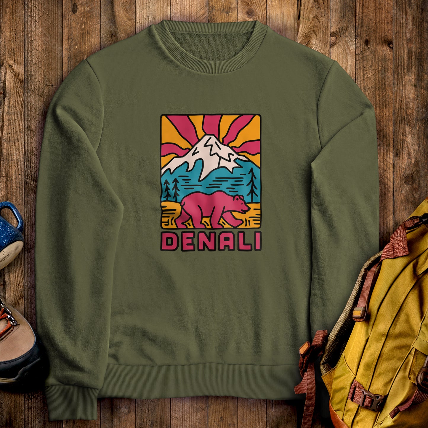 Denali National Park Crewneck Sweatshirt Military Green Adventure and Outdoors Themed Sweatshirt