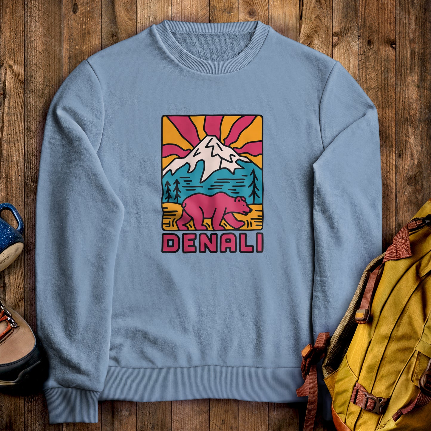 Denali National Park Crewneck Sweatshirt Stone Blue Adventure and Outdoors Themed Sweatshirt