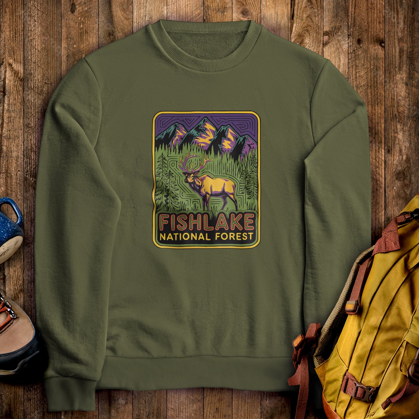 Fishlake National Forest Elk Crewneck Sweatshirt Military Green Adventure and Outdoors Themed Sweatshirt