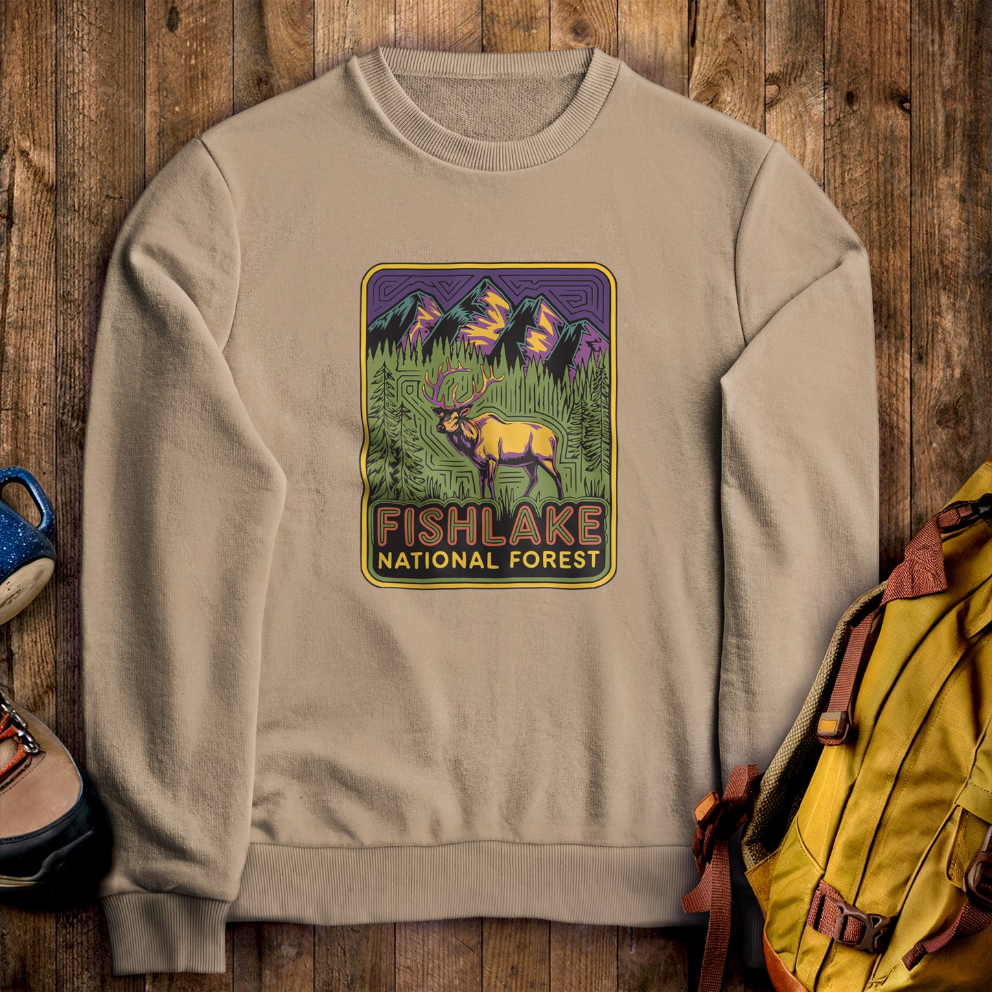 Fishlake National Forest Elk Crewneck Sweatshirt Sand Adventure and Outdoors Themed Sweatshirt