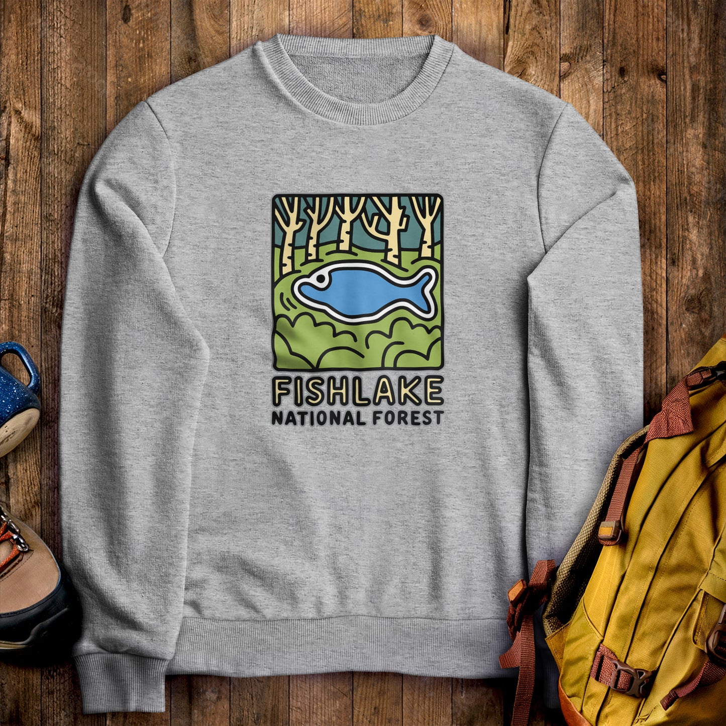Fishlake National Forest Crewneck Sweatshirt Sport Grey Adventure and Outdoors Themed Sweatshirt