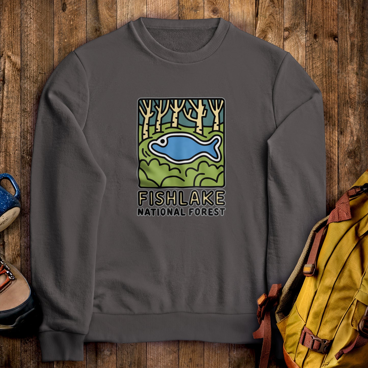 Fishlake National Forest Crewneck Sweatshirt Charcoal Adventure and Outdoors Themed Sweatshirt