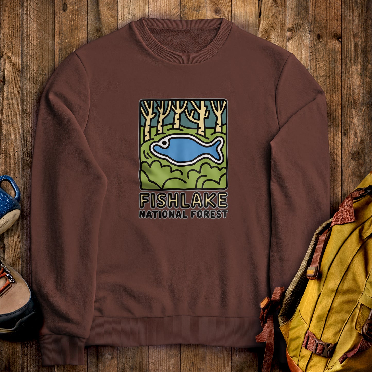 Fishlake National Forest Crewneck Sweatshirt Cocoa Adventure and Outdoors Themed Sweatshirt